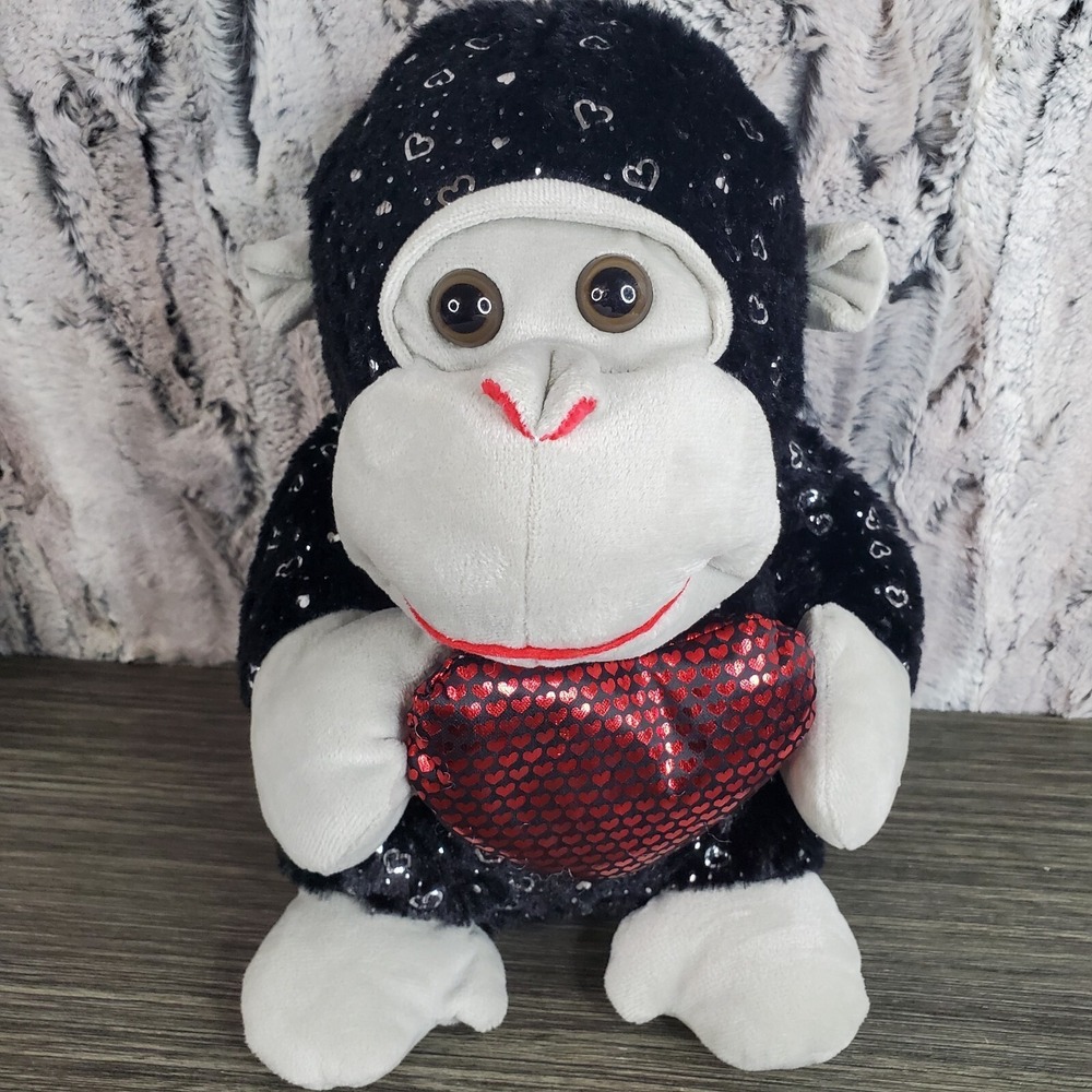 Valentine's Day 11" Black Gorilla With‎ Metallic Red Heart and Shiny Silver Fur